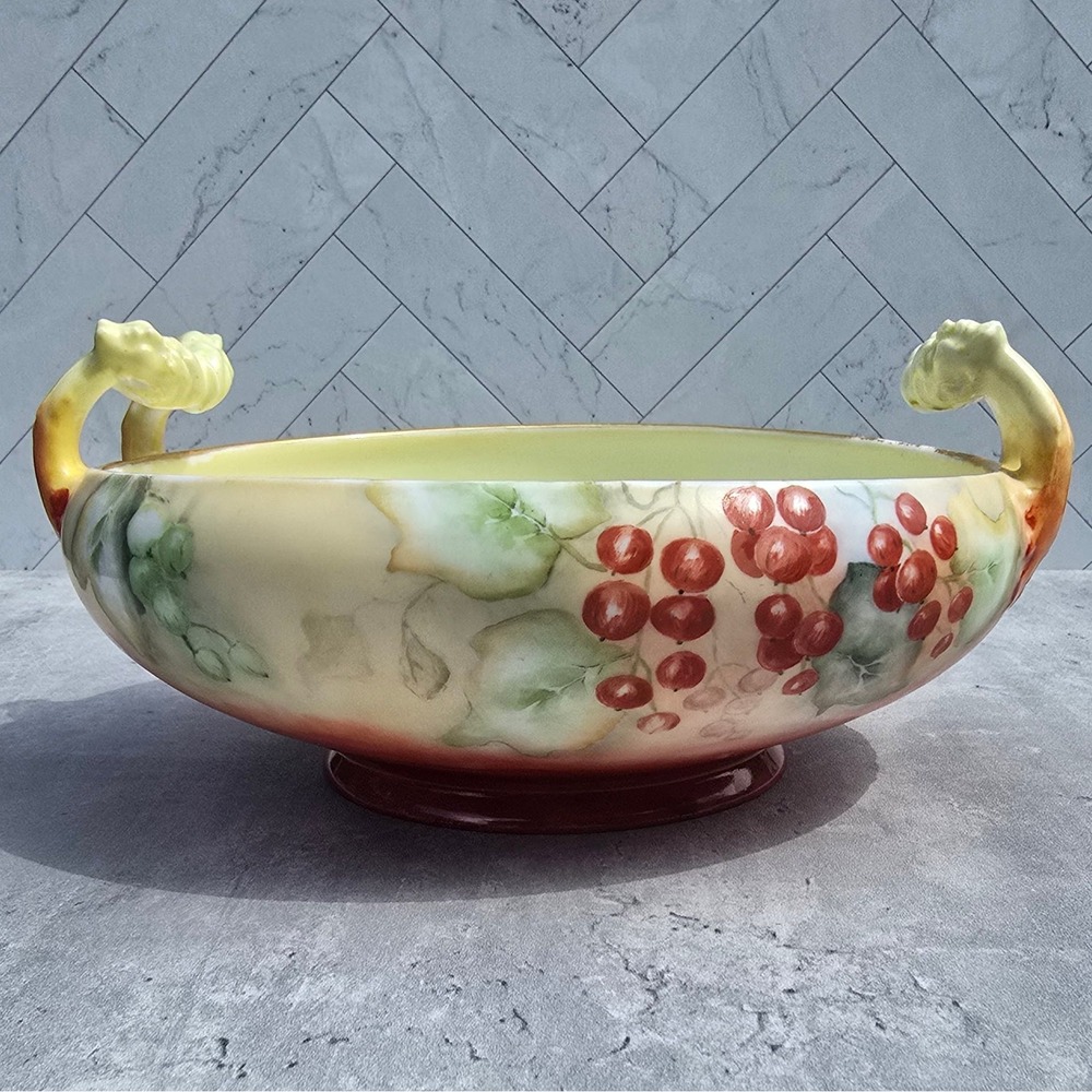 Antique Nippon Style Hand Painted Porcelain Centerpiece Bowl Branch Handles